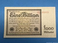 Full front view of 1923 Germany 1 Billion Mark banknote showing denomination, serial number and signatures.