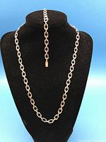 Full view of necklace and bracelet displayed on black bust against blue background, showing linked rectangular shapes