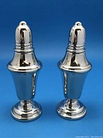 Pair of polished silver plate salt and pepper shakers, front view against blue background.