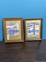 Photo of two framed watercolor paintings signed by M.B. Abraham showing lakeside tree scenes.