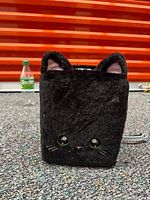 Front view showing black plush square purse with cat ears and embroidered cat face on carpeted floor.