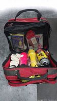 Front view of opened automotive emergency kit showing contents including gloves, flashlight, cold spray can, and other emergency supplies