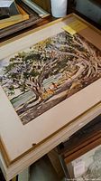 Framed watercolor painting showing large trees and people, with a yellow note indicating it is an original watercolor titled 'Spring' signed by C. Douthet.