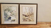 Two framed bird prints side by side on a wooden surface with beige wall background