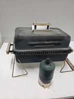 Photo of black and steel portable BBQ grill with folded wire legs and a small green gas canister placed beside it.