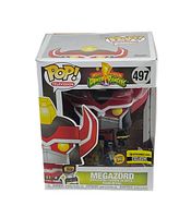 Front view of Funko Pop #497 Megazord in original box, showing window display and branding.