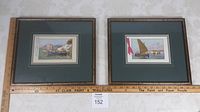 Pair of framed watercolour paintings with ruler for scale showing size 12x14 inches.