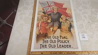 Full view of the vintage style political poster showing Sir John A. Macdonald and accompanying men, measuring approximately 28 by 19 inches with a ruler for scale.