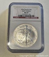Front side of the 2006 American Eagle 1 oz silver coin certified MS69 First Strikes in a graded NGC slab.