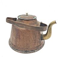 Photo of an antique kettle showing copper body, brass spout, hinged lid with knob and fixed copper handle with visible patina and wear.