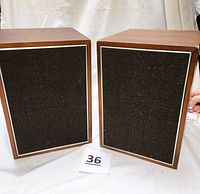 Front view of the two wood case speakers with black fabric covers and gold trim.