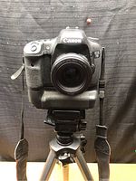 Front view of Canon EOS 7D with lens mounted on battery grip atop tripod