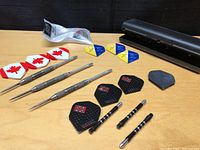 Dart set components including metal darts, various dart flights, replacement shafts and tips, and black carrying case.