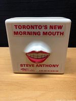 Front view of vintage Blabber Mouth radio featuring a 3D smiling mouth and printed text referencing Toronto’s New Morning Mouth with Steve Anthony.
