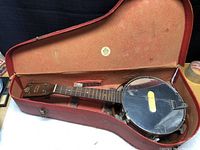 Full view of the vintage Melody Junior banjo in red carrying case, showing condition and overall appearance.