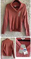Front and back views of the coral pink Charter Club sweater with tags still attached showing size XL and price tag.