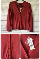 Collage of images showing full sweater, close up of rhinestone buttons, and tag with brand and size information.