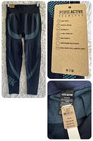 Front full view of blue seamless leggings showing pattern and brand name