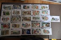 Photo showing 26 stock cards laid out on a table, each holding multiple used Russian stamps with various themes and colors, labeled 'Russia'.
