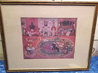 Full view of the framed folk art lithograph showing a Victorian style music room family scene with distinct characters seated and interacting in the room.
