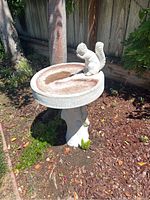 Front and side views of an off-white concrete garden bird bath with a squirrel figure on the bowl's edge in an outdoor garden setting.
