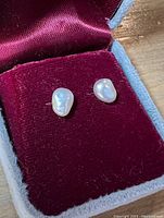 Close-up of two semi baroque pearl earrings resting in burgundy velvet case showing pearl surfaces.