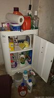 White plastic two-shelf cabinet with door revealing cleaning and laundry supplies inside, including detergent bottles, sponges, and cleaning sprays.
