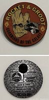 Front and back of the round collector's pin showing Rocket & Groot design and manufacturer details.