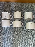 Photo showing 6 white ceramic mugs with multicolored specks, cylindrical shape, arranged in two rows on carpeted floor.