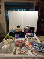 Full overview of the lot showing assorted items including coloring books, storage containers, toys, kitchenware, and decorative pieces on a table.