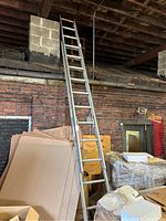 Full view of the ladder extended near a brick wall showing length and how it leans.