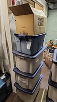 Stack of four plastic storage totes and open cardboard box on top in a basement setting