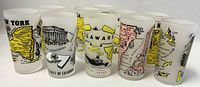 Ten frosted glasses arranged showing several state maps and landmark illustrations