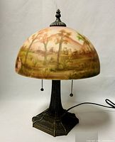 View of the lamp showing the painted glass shade and ornate metal base with pull chains and cord.