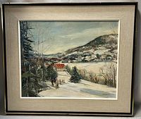 Full frontal view of the framed oil painting showing the winter landscape scene with figures on a snowy hill and surrounding scenery.