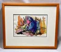 Overall front view of framed watercolour painting showing composition, mat and frame