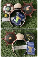 Front and back view of the Disney Jungle Cruise Collector Mickey Ears headband showing the captain's hat, ship wheel ears, attached tags, and Walt Disney World 50th Anniversary logo.