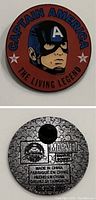 Front of round Captain America enamel pin with text and artwork