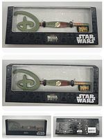 Front view of boxed Star Wars The Book of Boba Fett collectors key with clear window showing key details