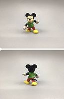 Front and back views of the vintage 1977 Mickey Mouse figurine with green shirt, red shorts, and yellow shoes on plain background.