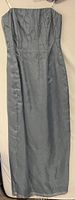 Full view of gray evening gown showing length and style