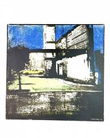 Canvas art print depicting a yellow car in an urban setting with blue sky and textured buildings, signed by artist in lower right corner.