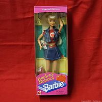 Full frontal view of Barbie doll in original pink box, showing clothing and box branding.