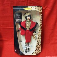 Barbie Winter in Montreal doll in original box, showing front of packaging with leopard print side panel and collector series label.