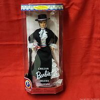 Front view of the Chilean Barbie doll in original box showing the doll in traditional costume with hat and detailed clothing.