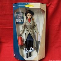 Front view of unopened Barbie doll in original box labeled City Seasons Autumn in London 1999 Collector Edition