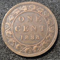 Reverse side showing denomination ONE CENT, date 1888 and maple leaf design border