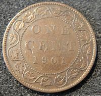 Reverse side of 1901 Canada one cent coin showing denomination and date