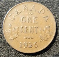 Reverse side of the 1926 Canadian one cent coin showing denomination, maple leaves, and the year 1926.