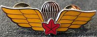 Close-up front photo of the gold-tone pin with yellow enamel wings, silver parachute, and red star.